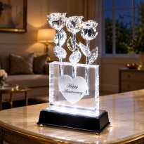 3 Illuminated 8" Silver Roses in 5" Personalized Crystal Vase